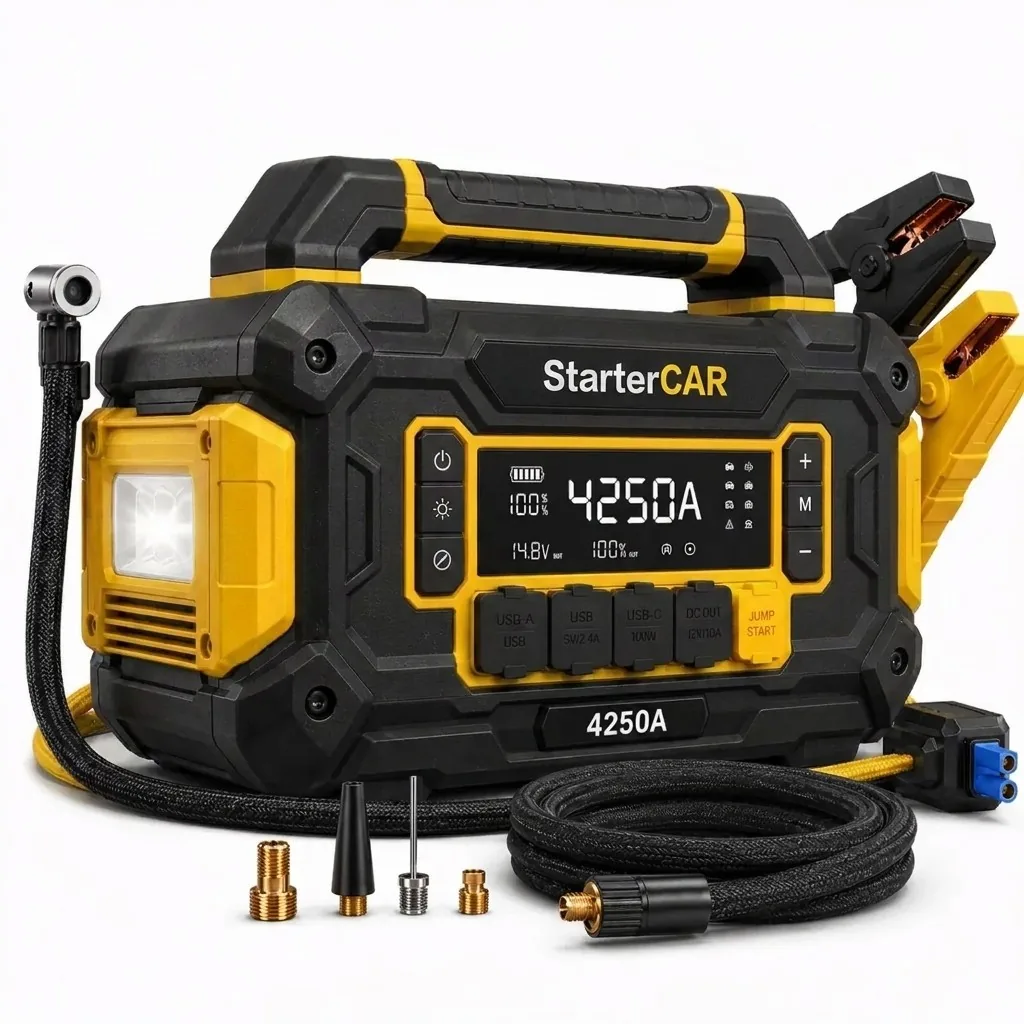 StarterCAR 4250A portable jump starter with clamps and cables